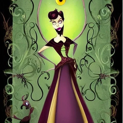 extrem tim burton style and disney style of an old and extrem malicious stepmother, sharp focus, sneaky eyes, old face