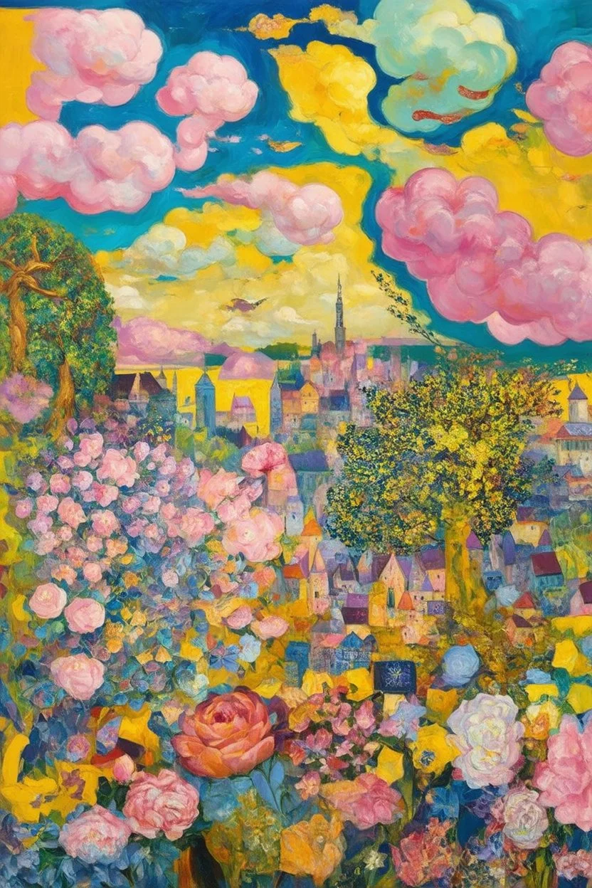 Cotton Candy Sky; Surrealistic painting inspired by Klimt and Hundertwasser; Golden Hour; Exquisitely Detailed