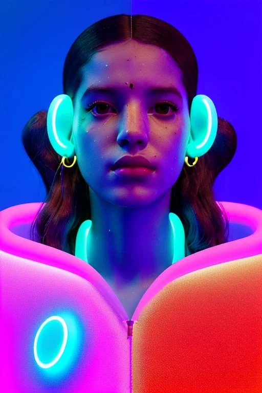 Rosalía artist, Realistic image, natural waist up portrait, perfect eyes, glow, circle iris, eye liner. sweet face, pigtails hair, spray line make up, glow. lips, gold. big rings piercing, led ornament, pearls. coat, latex, inflatable, hot, led lights, minimal, neon, pink, blue, gold, vibrant color, highly detailed, art stations, concept art, smooth, unreal engine 5, god lights, ray tracing, RTX, lumen lighting, ultra detail, volumetric lighting, 3d, finely drawn, high definition, 4k.