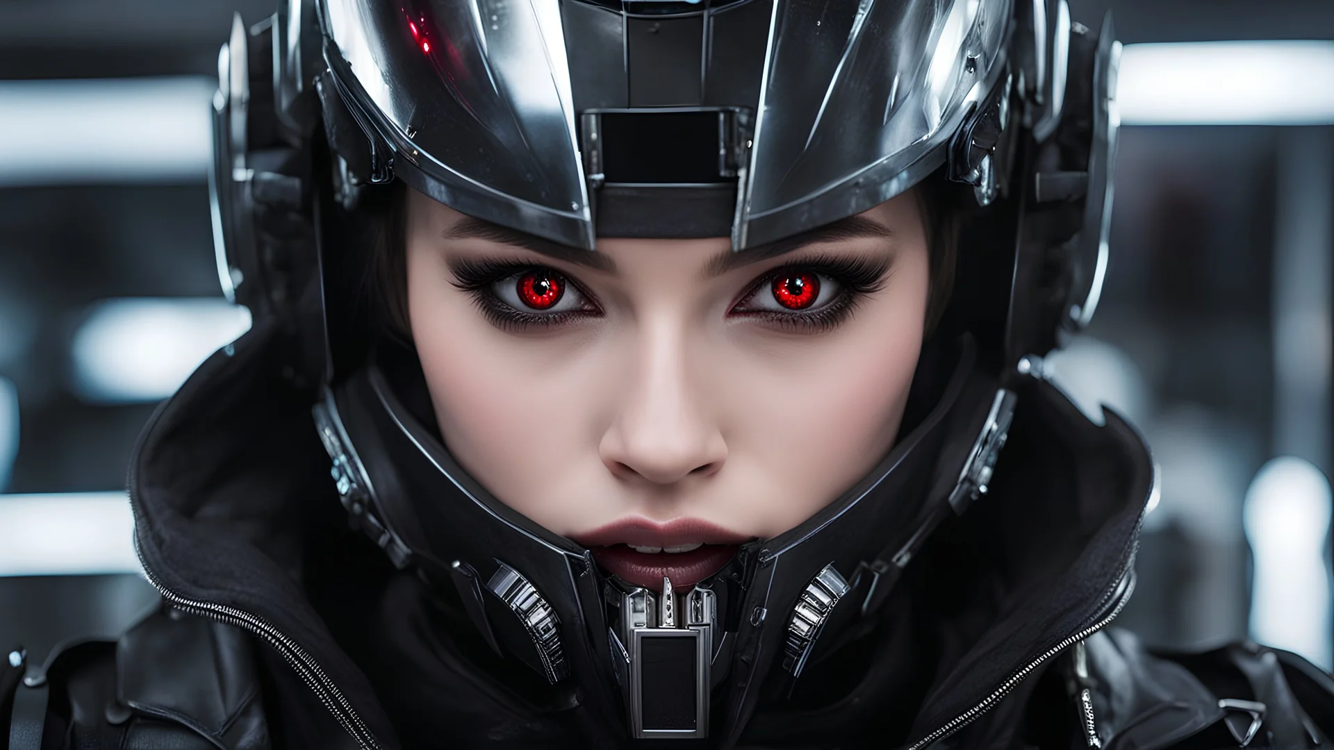 1girl, solo, looking at viewer, open mouth, red eyes, jacket, teeth, black jacket, eyelashes, makeup, mask, helmet, sharp teeth, slit pupils, portrait, close-up, zipper, science fiction, mouth mask, cyborg, cyberpunk, mechanical parts