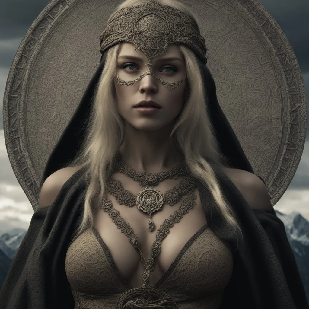 Behold the powerful alluring and pretty blonde barabarian woman, her body adorned with with runes, in the middle of the alps. intricate details, HDR, beautifully shot, hyperrealistic, sharp focus, 64 megapixels, perfect composition, high contrast, cinematic, atmospheric, moody