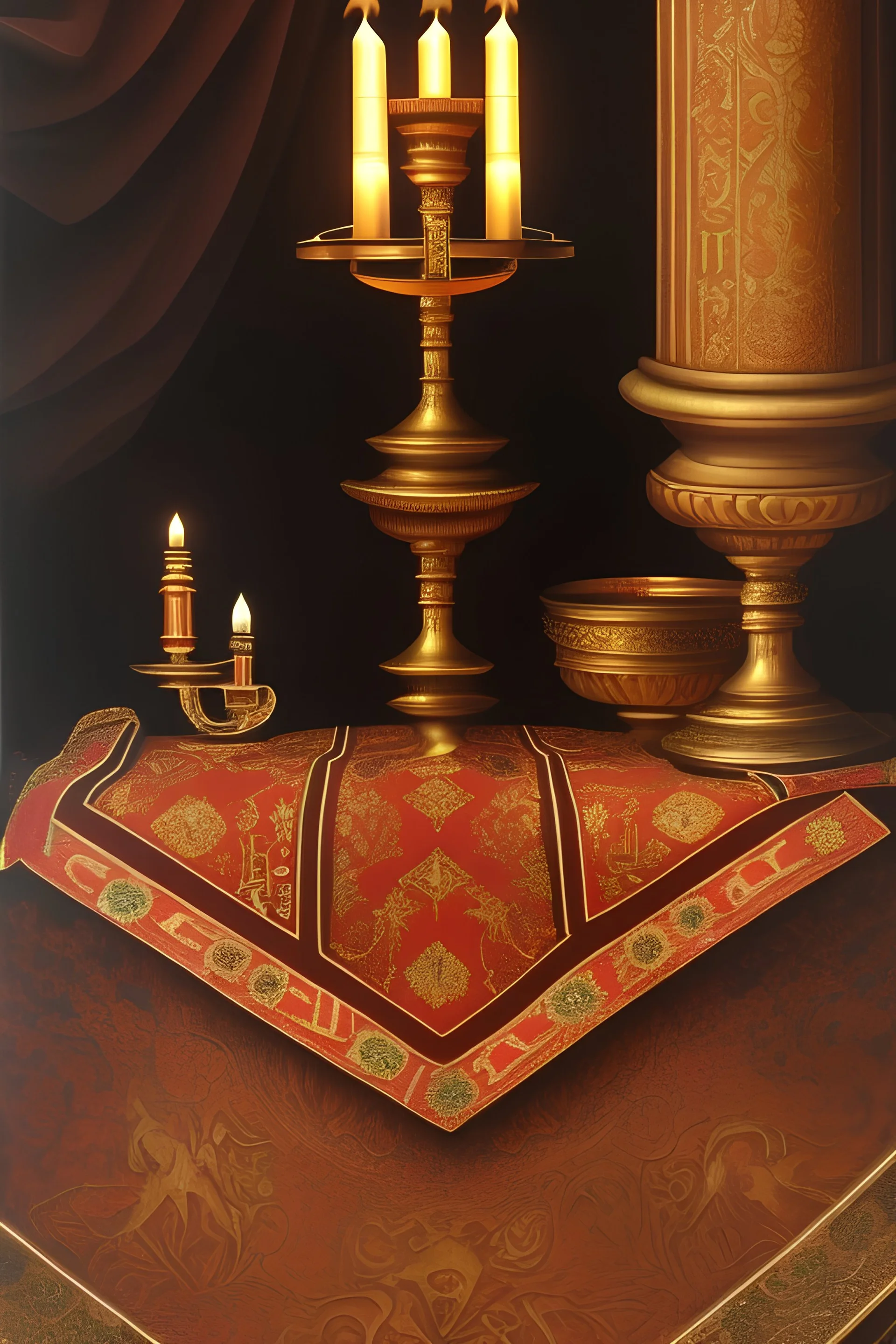 stilleben in der kirche, dunkler hintergrund, kerze auf tisch, edle teppich tischdecke, mittelalter, oil auf leinwand, scharfe details, maler