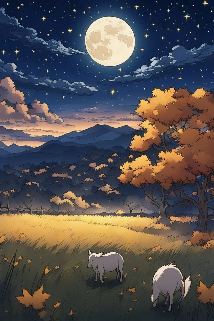 starry night with a full moon in a pasture during fall anime