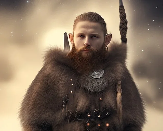 a sad and lonely viking looking up at the stars at night, hyper realistic, 8k, insane detail, atmospheric background, crying eyes, big fur coat, long braided hair, sharp focus, soft background, dynamic lighting, viking helmet, night time