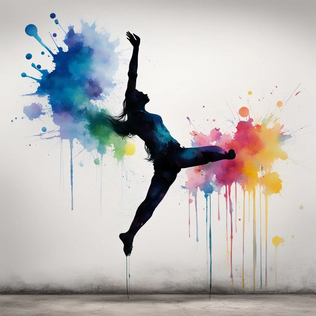 Loose brush stroke watercolor painting, colorful profile silhouette of a female gymnast in the middle of doing a cartwheel legs up in the air, splash art, street graffiti art, polychromatic, ink splatter, diffusion, artistic, kinetic, by Pejac