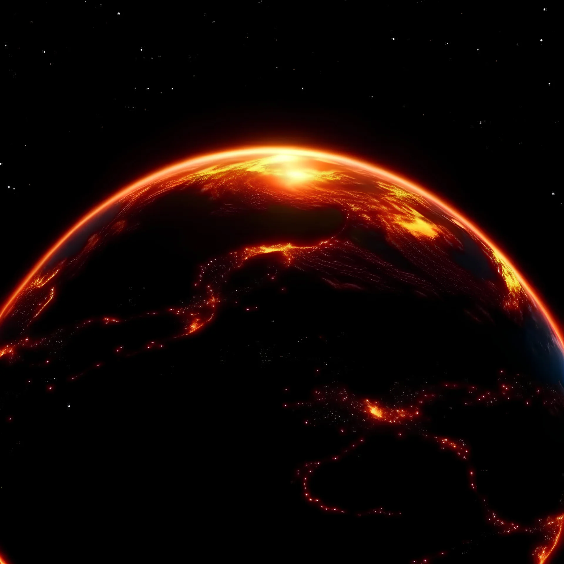 4k full details full lights planete Terre en feu vue de l'espace. Un démon survole la planète