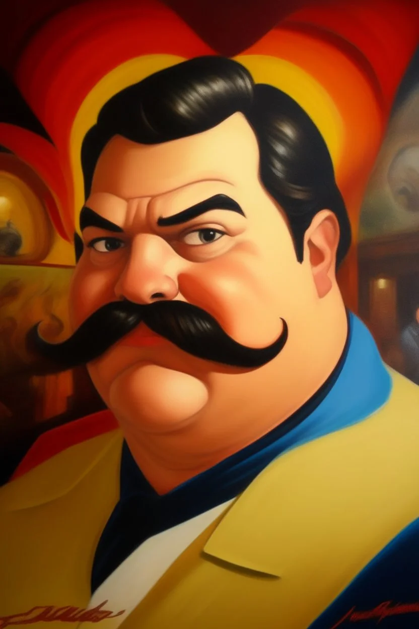 Fat Superman burguese mustache at the casino oil canvas.