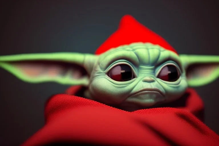 baby yoda wearing a red christmas hat . neon cyberpunk . busy city backround