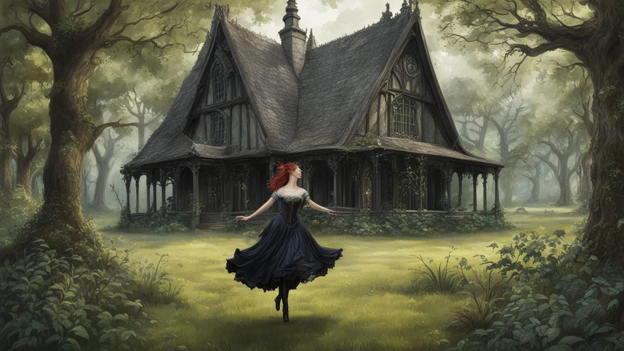 slim nymph dancing in a woodland clearing, with a gothic woodland house behind her.