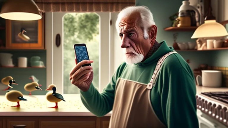 confused older man using cellphone in his kitchen telling the many ducks that surround him to "go away"