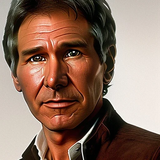 8k hyperspace background,complete and photo realistic detailed head to waist stunning, extrem photo realistic portrait of harrison ford as han solo in star wars with short lenght, Symmetrical, soft,photo realistic hair, brown eyes, professional majestic photo realistic painting by drew struzan, Antonio Moro, trending on , Intricate, Sharp focus, rough skin,space outfit