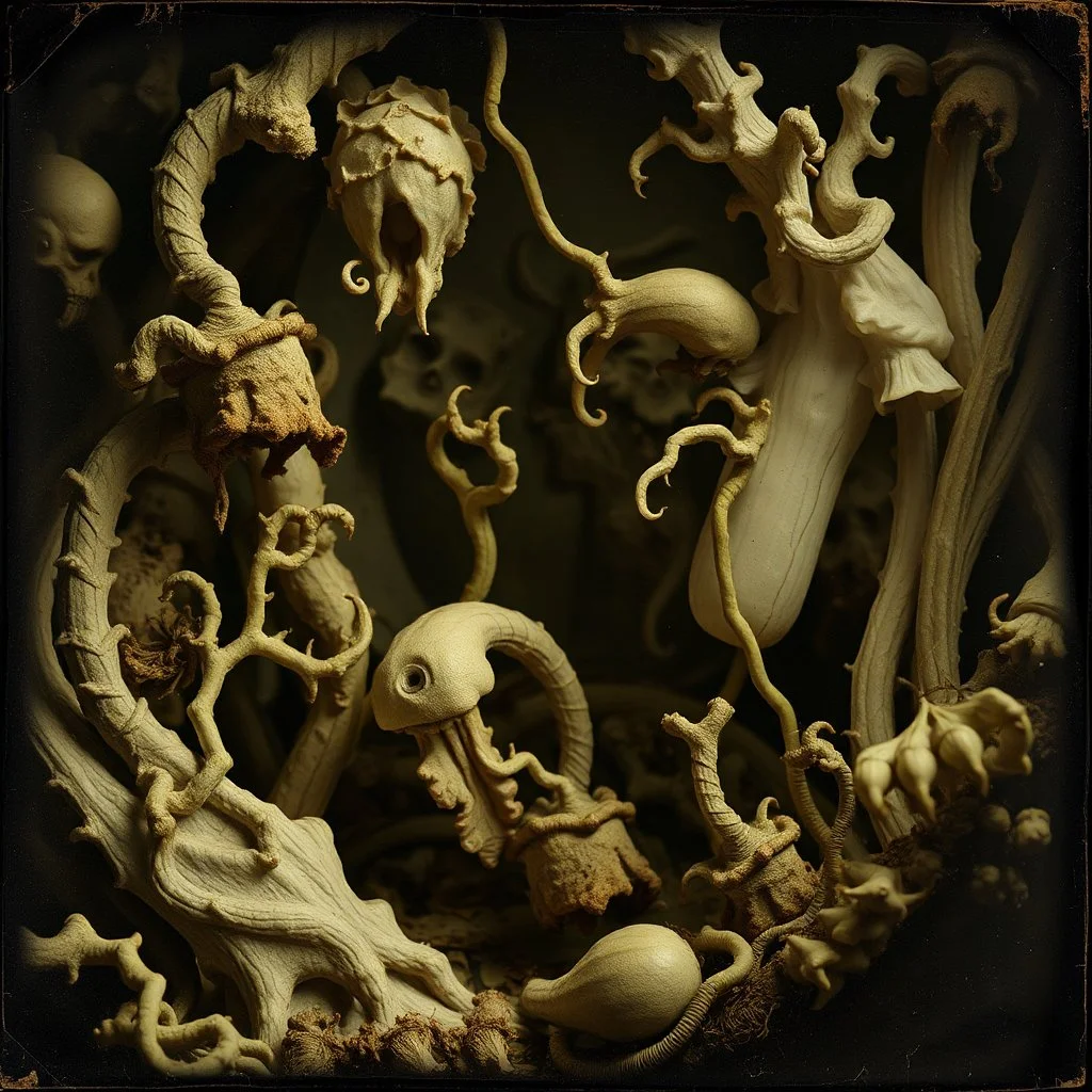 A daguerreotype-style close-up image of a surreal background inspired by Hieronymus Bosch and Max Ernst, featuring twisted organic forms, decaying botanical elements, and strange vegetal growths that seem to pulse with unnatural life. The entire scene is bathed in soft, ambient lighting that creates an otherworldly atmosphere, with areas of deep shadow contrasting against the pale, spectral glow of the figures.