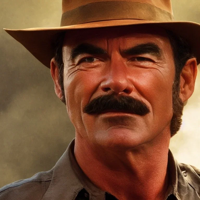 Tom Selleck, as Indiana Jones, dramatic light, close up, smoky background, high detail, cinematic, vignette