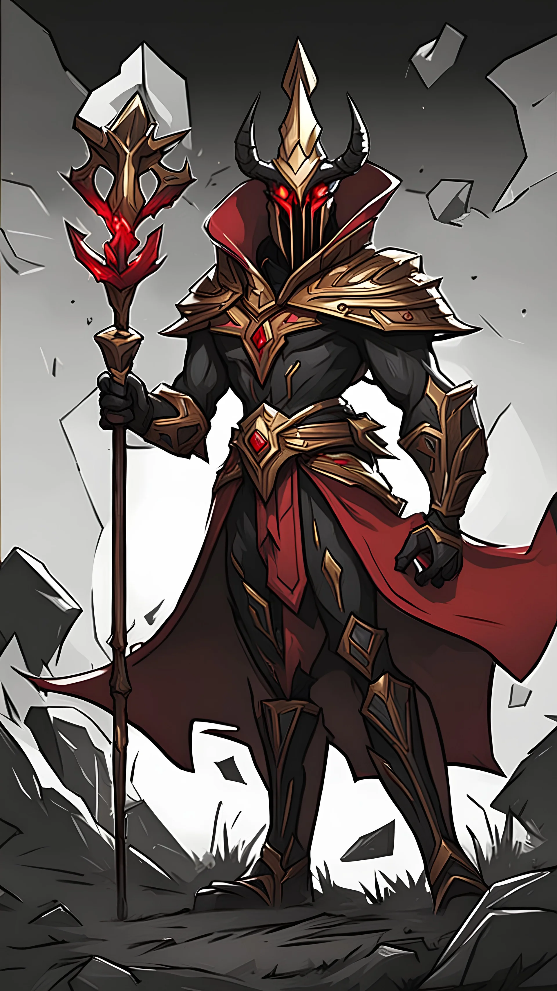 Azir from league of legends in king of the Dead style black color with red details and holding sceptre