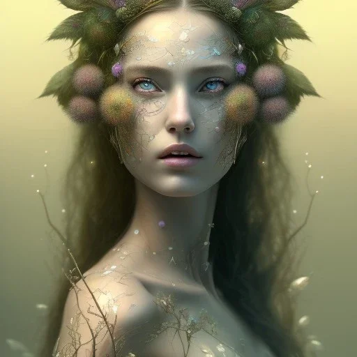 Portrait of beautiful girl, face dept of field,face shining, plant, metal, feathers, Dryad, fae, sidhe, ominous, nature, plants, wildflower flare, facepaint, dnd character portrait, intricate, oil on canvas, masterpiece, expert, insanely detailed, 4k resolution, retroanime style, cute big circular reflective eyes, cinematic smooth, intricate detail , soft smooth lighting, soft pastel colors, painted Renaissance style,sharp fucus, bokeh,macro lens, 1500mm lens