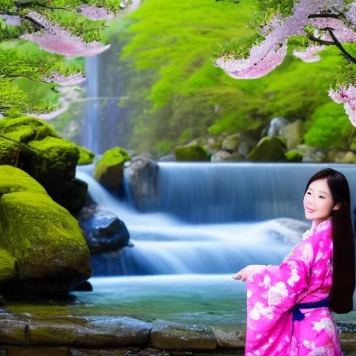 jolie femme asiatique en kimono près d'une cascade d'eau transparente entouré de cerisiers du japon avec aurore boréale rose