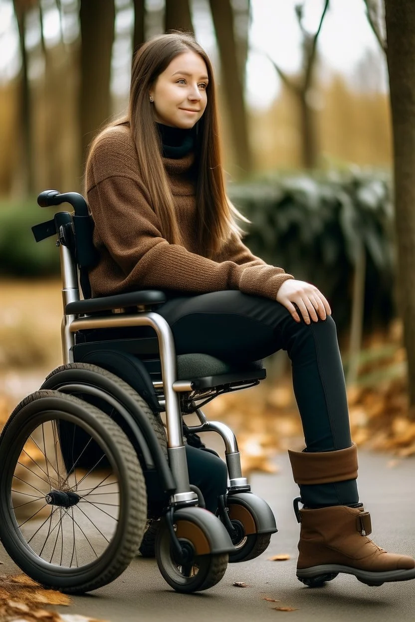 Girl in a wheelchair with weak legs and she wears a jumper and tights with some timberlands