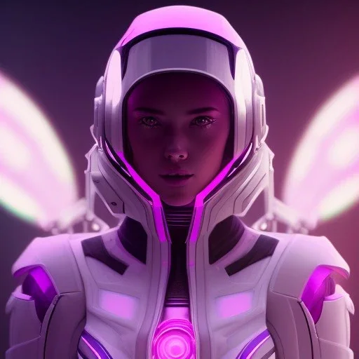 Cute girl, Sci-fi character, white suit, purple backlight, pink and purple, scifi suit, profile, purple background, pink lighting, futuristic