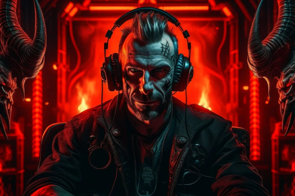 Portrait animateur radio diable cyberpunk, incendie en arrière plan