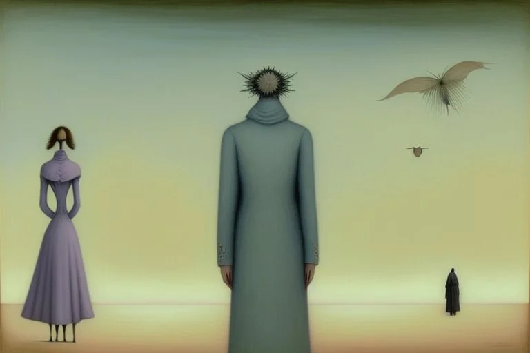 two humans seen from behind walking side by side in an empty foggy plain, above there is blue sky by artist "Leonora Carrington",by artist "Christian Schloe",by artist "Kay Sage"