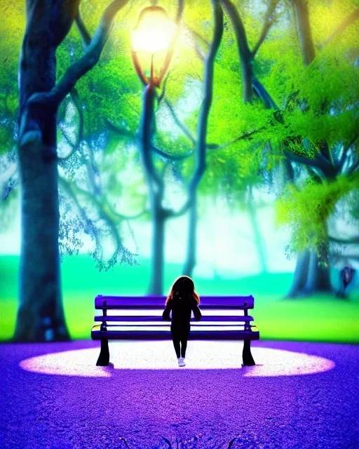 park mystical dream, park bench, man, woman, child, dog, pretty blue and purple trees, blue path, bird, jogger, sunshine, mystical, fantasy, romanticism, digital art, movie poster, cinematic, cinematic lighting, award-winning, beautiful colors, hyper realistic, daylight, daytime, modern, pixia, blender render, vibrant, high resolution, 8k,