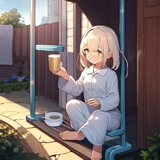 anime girl sitting on a porch swing of an old house, wearing pajamas, drinking a cup of coffee, writing in a book, its raining outside, more detail on hands and her face