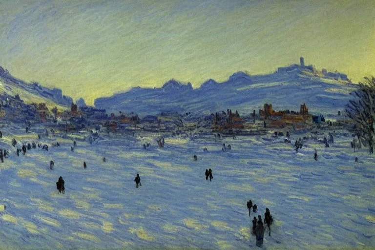 City near the mountains, and frozen lake, claude monet and lesser ury influence, realistic painting