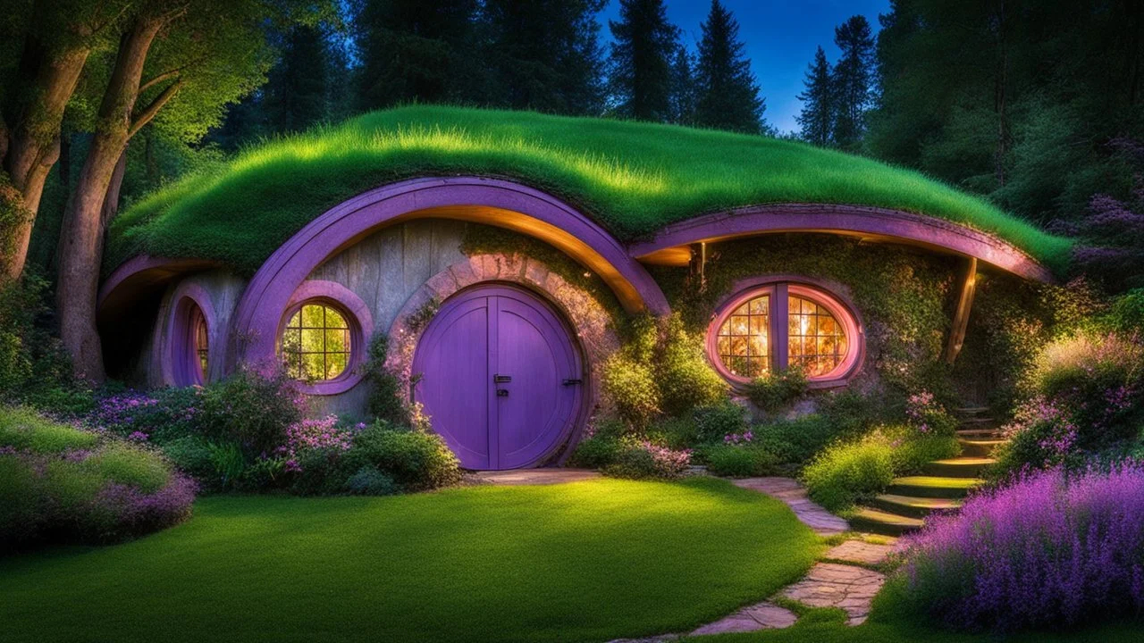 hobbit cottage in the woods surrounded by trees, night, fireflies, whimsical feel, pinks, blues, purple and green colors, circular hobbit-style door, circular hobbit-style windows, green grass roof