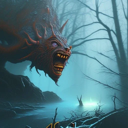 depth of field,scary troll creature, spray painted fantasy art, book cover ,autumn icy water