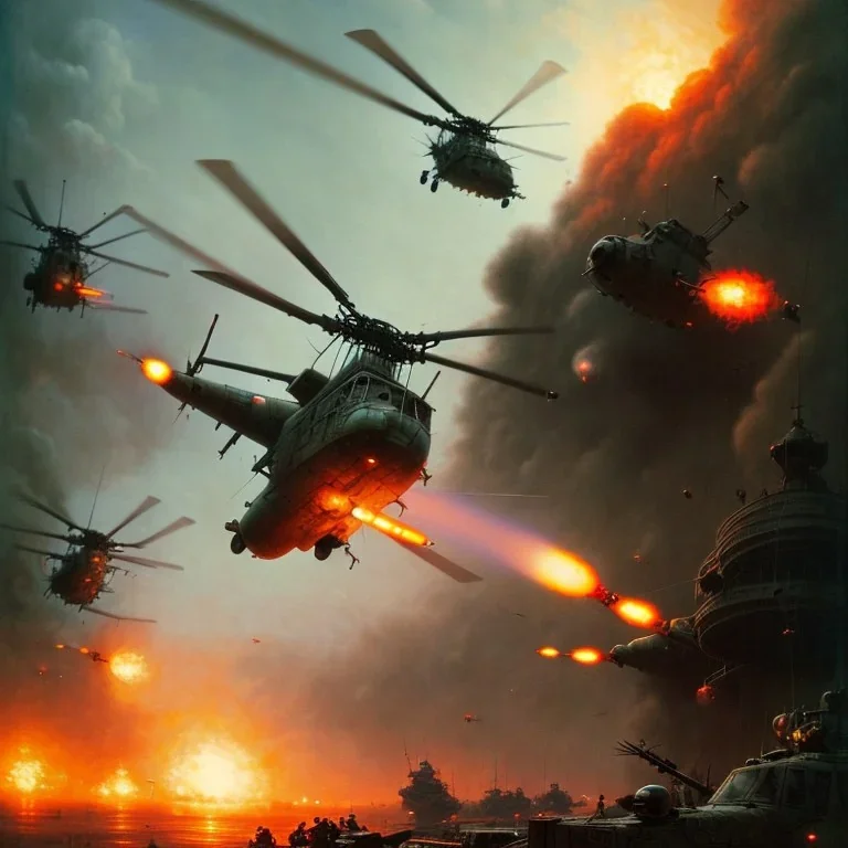 vietnam war. war report. helicopter. poster. bokeh. lens flare. warm lights. high detailed. beksinski