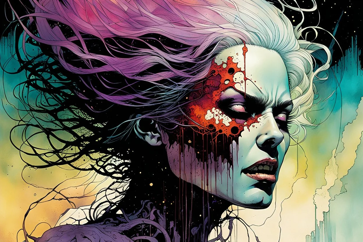 a surreal portrait of the inner workings of her disturbed mind as a nightmarish charnel house of screaming pain , in the comic book style of , Bill Sienkiewicz, , Alex Pardee , and Jean Giraud Moebius, muted natural color, sharp focus, ethereal , dark and foreboding