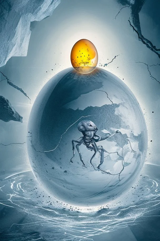 a haunting image of an embryonic human emerging from a cracked egg