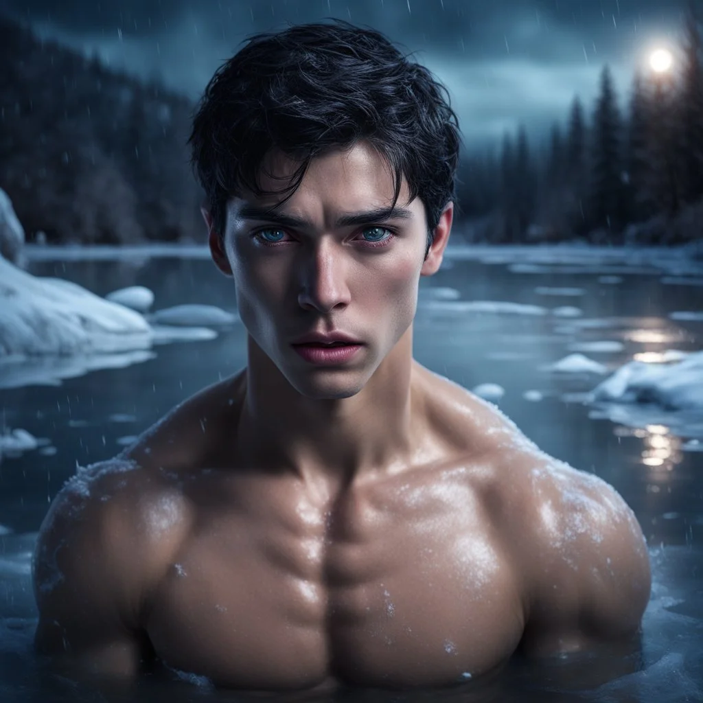 Hyper Realistic Photographic-view of Young handsome muscular prince with short-black-hair frozen deep-down a frozen-lake with the terrified look on her face & eyes dramatically open with-terrified-worried-expressions in her beautiful-eyes at night showing dramatic & cinematic ambiance.