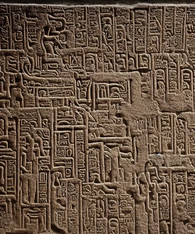 Ancient ruin wall depicting hieroglyphs of futuristic technology