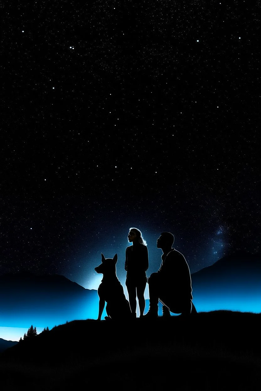 Black background on a mountaintop and three sitting silhouettes. The first silhouette is of a fit woman, the second silhouette is of a fit man sitting beside each other. The third silhouette is of a Belgian Malinois dog sitting next to the first silhouette of a fit woman looking at the stars.
