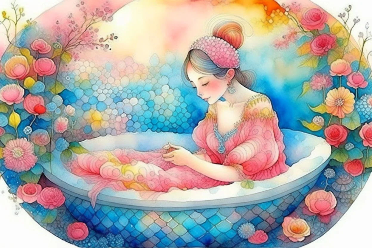 woman in bubblebath, wet on wet + sunrise, petals, watercolor patchwork by Daniel Merriam, Josephine Wall. elegant beautiful watercolor aquarelle