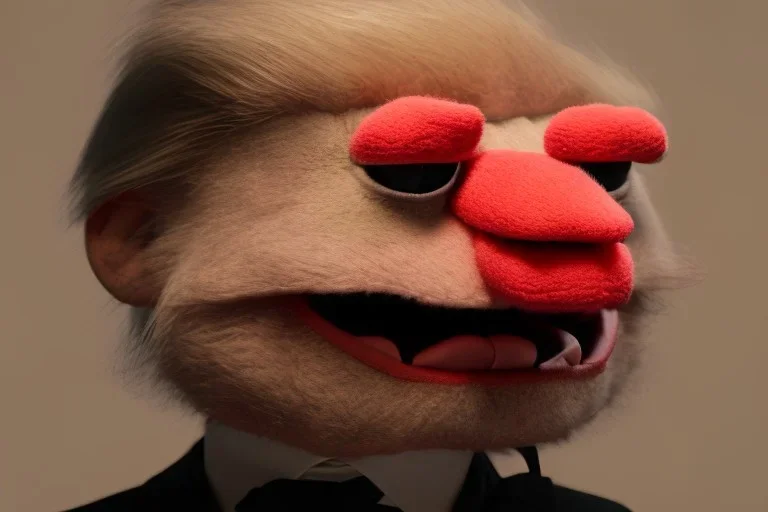 Angry muppet trump in suit, no tongue, looking forward, face, round puffball nose, frizzy hair