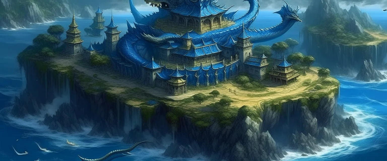 A dark blue island with a dragon palace painted by Zosan