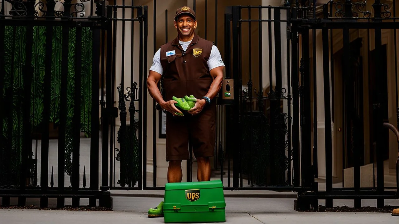 UPS delivery man wearing green crocs shoes at the gate