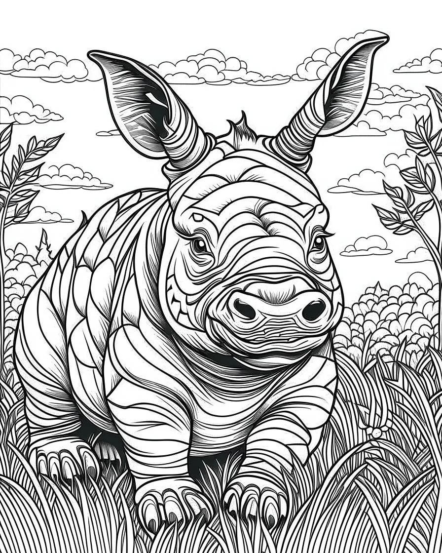 create a 2d black outline, "safari smiling cartoon rhino coloring book for adults", coloring page, low details design, black contour, coloring page design, simple background, colorful , card style, coloring page for kids, white background, sketch style, safari landscape, cartoon style