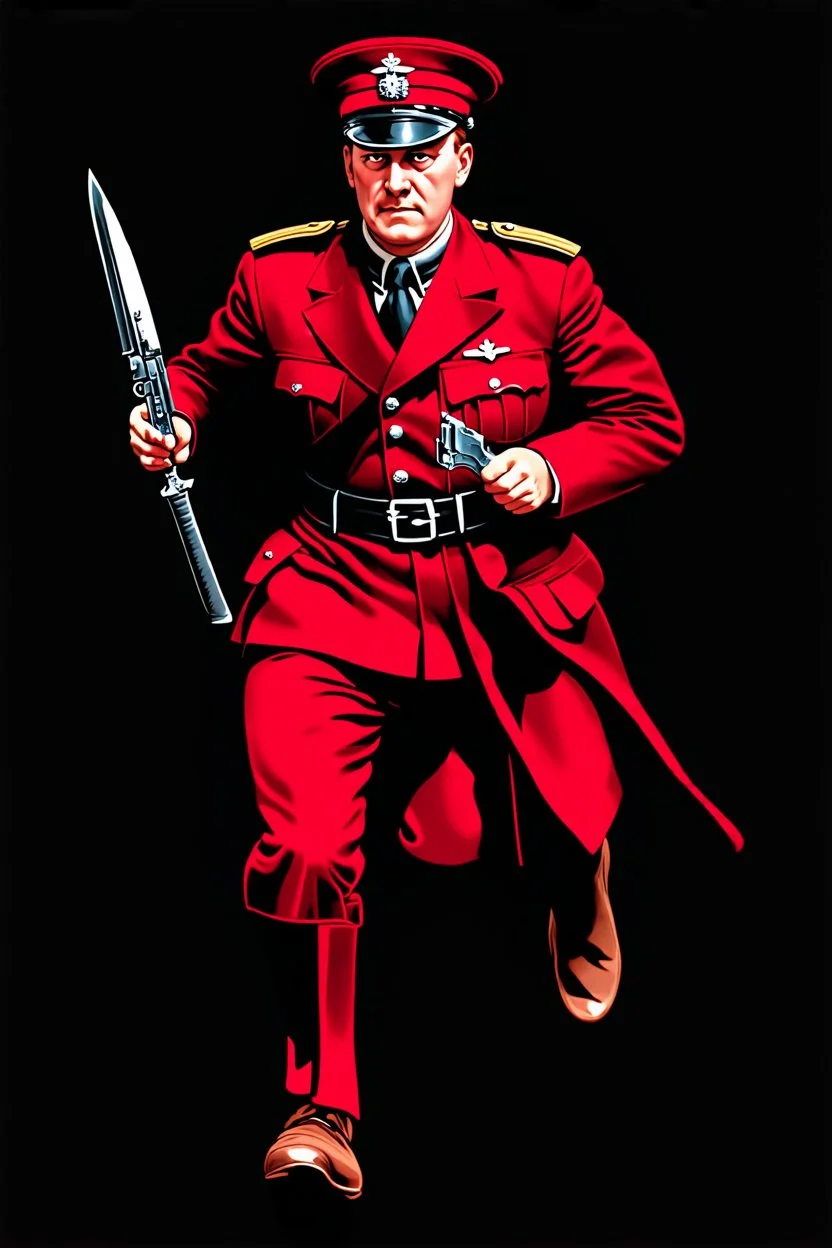poster of a british soldier(uniform and face based on racist steriotypes) running towards viewer, a knife i one hand, and a gun(barrel pointing at viewer) in the other. retro poster monochrome with white background