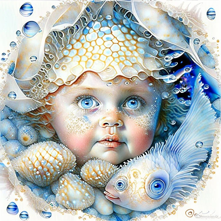 Beautiful happy seashell child with intense blue eyes, fish scales, fantasy, portrait, seafruits, starfish, shells, net, bubbles,.Jean-Baptiste Monge style, 3D, optical illusion, surreal, a masterpiece, razor-sharp focus, dynamic lighting, watercolour and ink no text, no watermark Modifiers: beautiful high detail fantastic view close up colourful