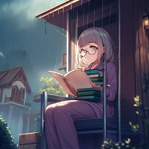 anime girl sitting on a porch swing of an old house, journaling, wearing pajamas, writing in a book, shes watching it rain, more detail on hands and her face,shes deep in her thoughts, wearing glasses, rain drops, she has a pencil in her hand and is writning in the book, she is looking down at what she is writing