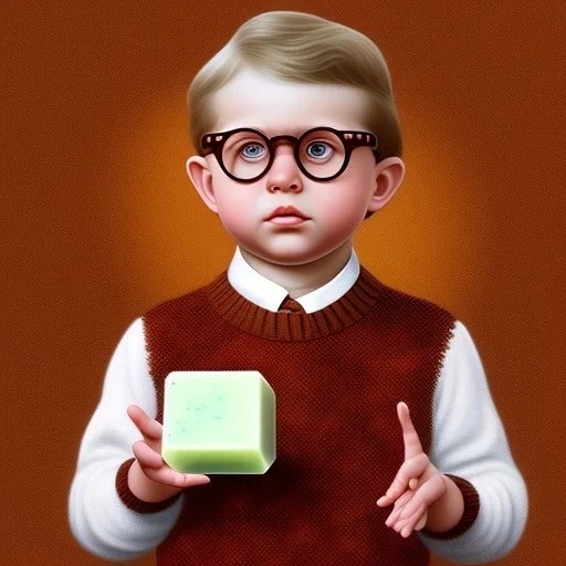 Peter billingsley chubby kid Tortoise-shell glasses, Holding a ((dark red bar of soap)) in his hand, brown argyle sweater, the soap is dark red