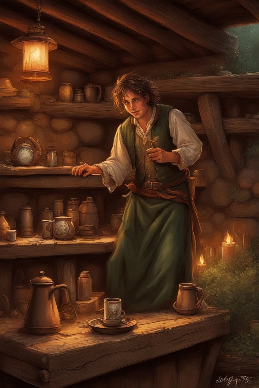 Within the cozy confines of the inn, nestled deep in the shire's sheltering valleys, the cheerful hobbit sexy girl stood drying mugs behind the well-worn counter. Before him sat his own stein, steaming gently in the firelight. Dark as finest bogwater was the elixir within, crowned with foam delicate as new-fallen snow. Slow spirals rose as it breathed, perfuming the air with notes beyond any grown in the gardens of the Halflings: deep and mysterious as tilled earth, spiced with hints of cocoa