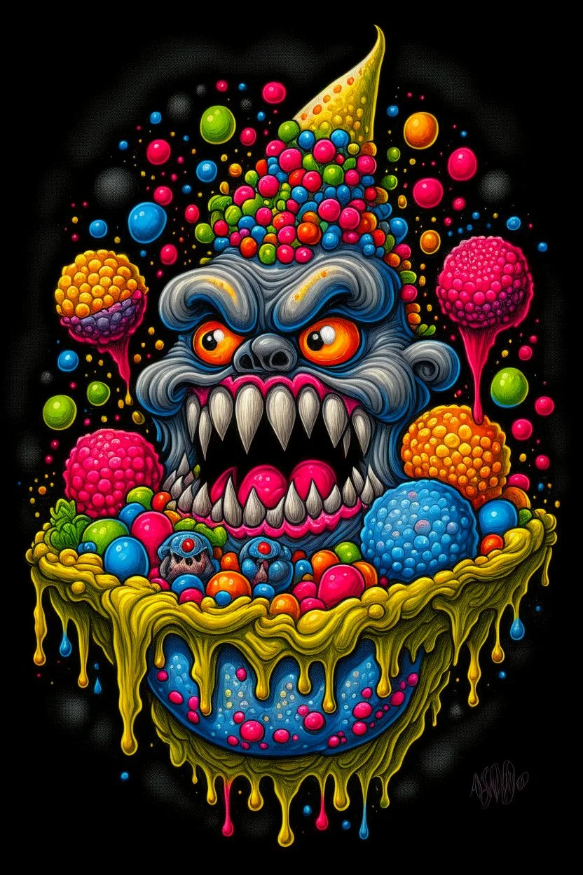 Monster made of ice cream, candy, gum drops, sprinkles tattoo design, traditional tattoo style, t-shirt design, fantasy art, digital painting, clean dark background, 8K by R. crumb, Todd Schorr, Robert Williams, Alex Alemany