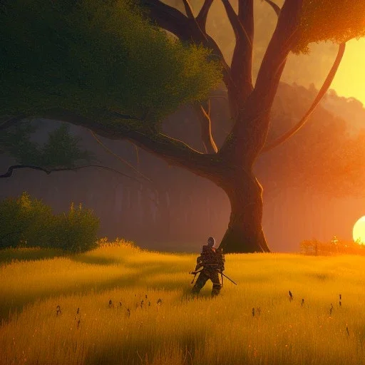 A wounded samurai leans against a tree in a field of yellow grass and watches the orange sunset، high details, high quality,8k , unreal engine, midjourny v4, landscape, ar16:9