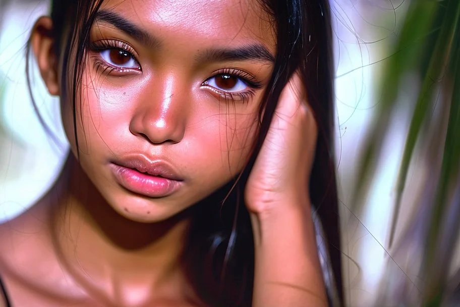 high resolution) (portrait), ( latino Asian girl), (harsh light), (intense shadows), (contrasting tones), (close-up), (cheerfull expression), ((emphasized features)), striking eyes, (unique angle), (bold composition), (intense mood), ((contoured features)), (strong personality), (realistic skin texture), (professional photography), (edgy fashion), (creative makeup), ((intense gaze)), (fierce beauty), (sharp details), ((fashion model)), ((high cheekbones)), (dark brown eyes)