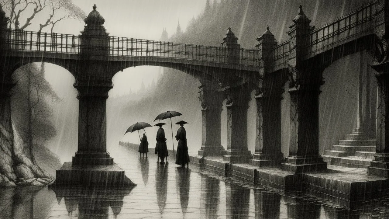 A grayscale etching depicting three figures with raised black umbrellas traversing a stone bridge or elevated walkway in what appears to be rainy weather. The scene is rendered through masterful use of etched lines, creating atmospheric effects that suggest wet surfaces and misty conditions. The composition is viewed from a slightly elevated angle, with the architectural elements of rough-hewn stone balustrades and figures balanced across the picture plane. The monochromatic artwork emphasizes t