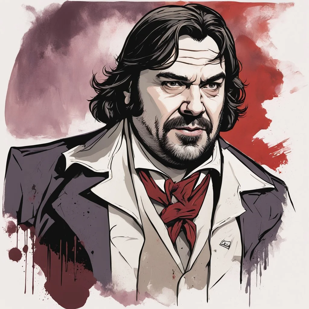 Caricature of smug looking Lazlo Cravensworth vampire played by Matt Berry, color portrait, "What We do in the Shadows" tv show's Matthew Berry, by Carne Griffins, by Russ Mills, dark colors.